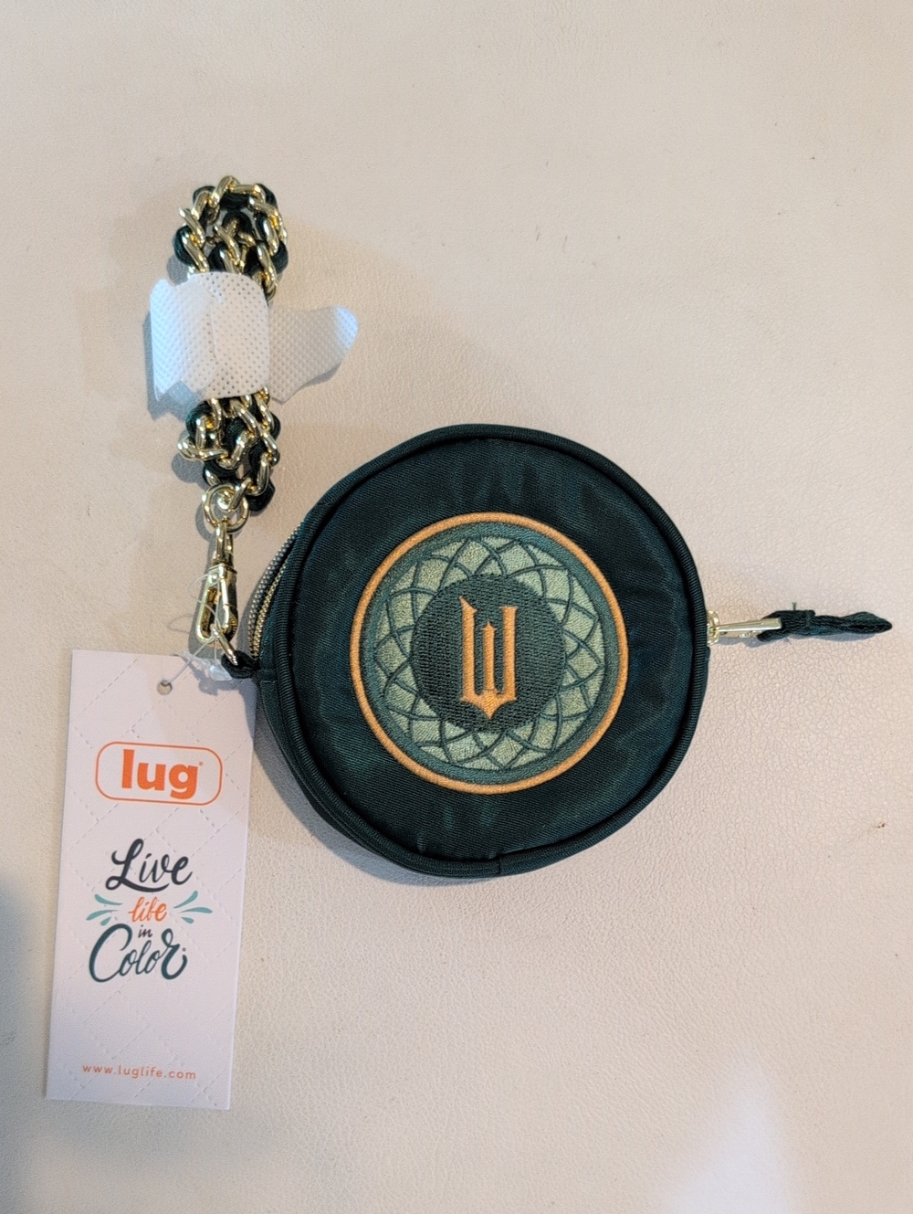 lug And wicked collab Round Coin Crossbody in Dark Green with Gold Emblem